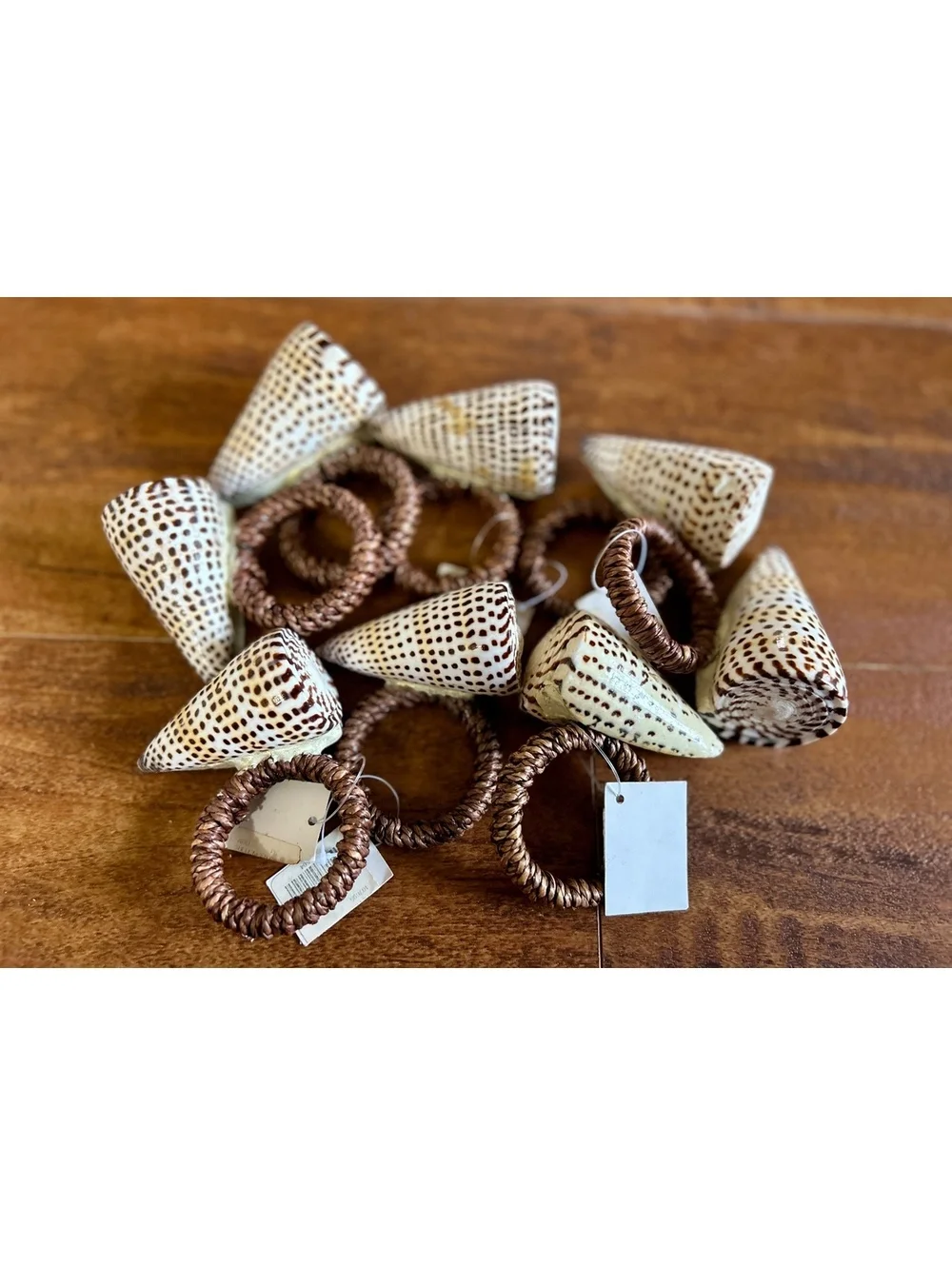 Natural Shell Napkin Rings Set of 8 with Brown Woven Rings
